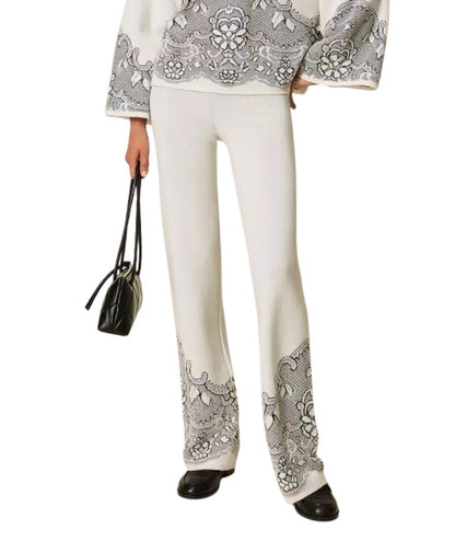 Twinset Pantalone in Maglia Jacquard Effetto Pizzo 262TP3523 Bianco 