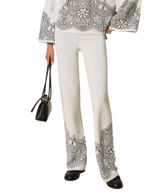 Twinset Pantalone in Maglia Jacquard Effetto Pizzo 262TP3523 Bianco 