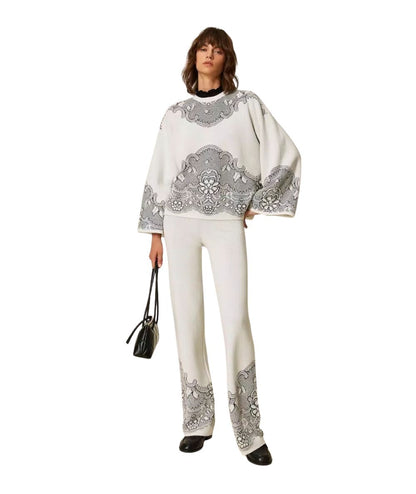 Twinset Pantalone in Maglia Jacquard Effetto Pizzo 262TP3523 Bianco 