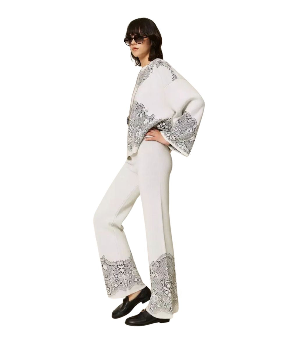Twinset Pantalone in Maglia Jacquard Effetto Pizzo 262TP3523 Bianco 