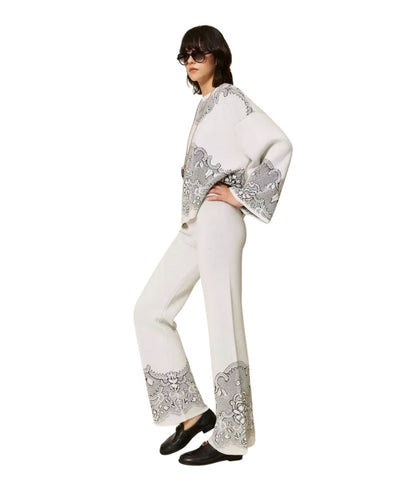 Twinset Pantalone in Maglia Jacquard Effetto Pizzo 262TP3523 Bianco 