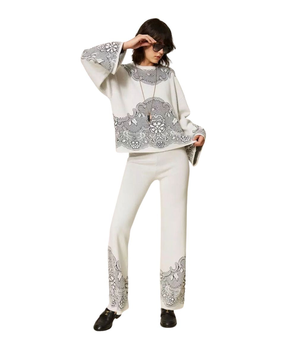 Twinset Pantalone in Maglia Jacquard Effetto Pizzo 262TP3523 Bianco 