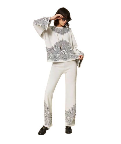Twinset Pantalone in Maglia Jacquard Effetto Pizzo 262TP3523 Bianco 