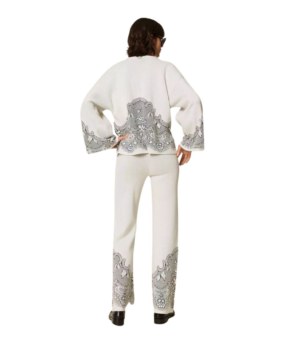 Twinset Pantalone in Maglia Jacquard Effetto Pizzo 262TP3523 Bianco 