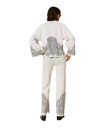 Twinset Pantalone in Maglia Jacquard Effetto Pizzo 262TP3523 Bianco 
