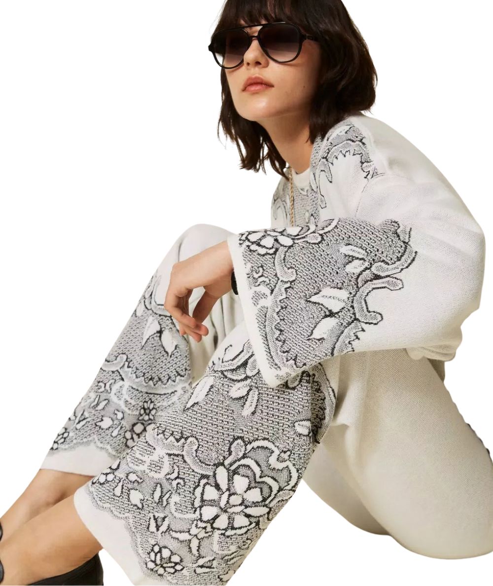 Twinset Pantalone in Maglia Jacquard Effetto Pizzo 262TP3523 Bianco 