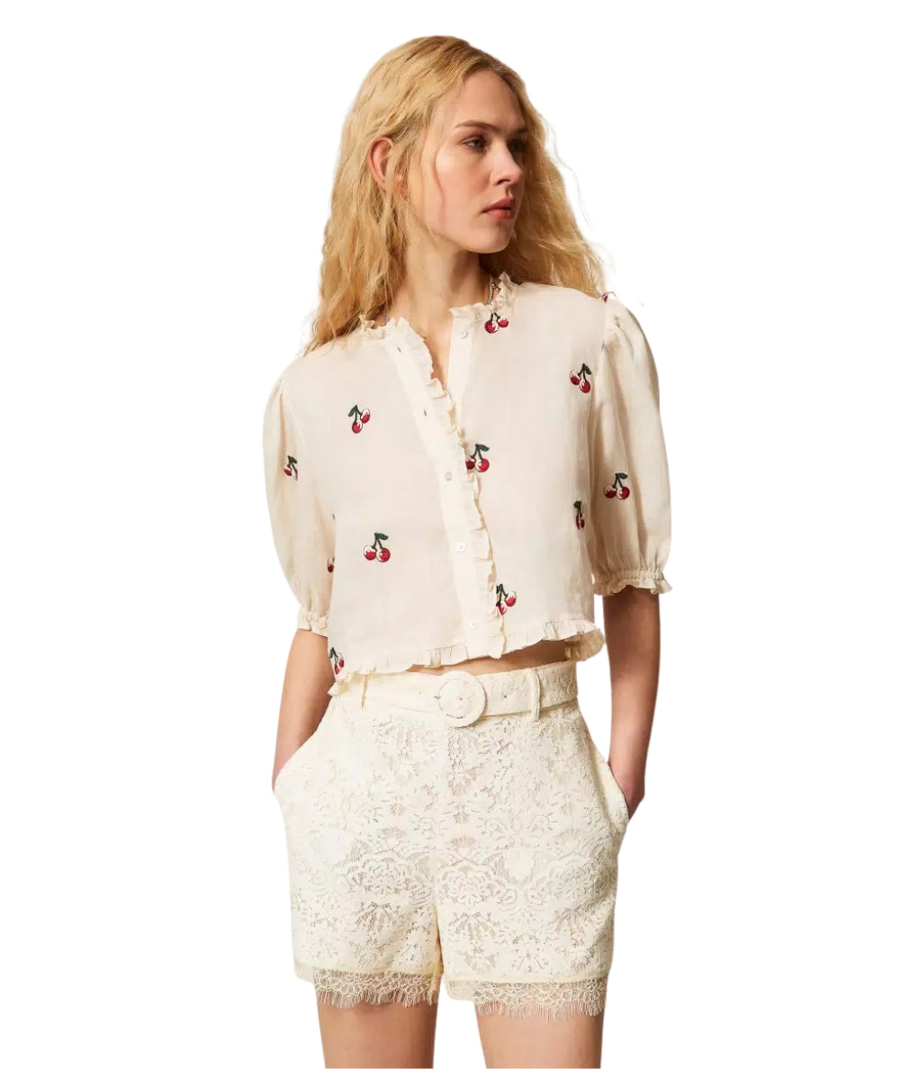 Twinset Shorts in Pizzo con Dettaglio Cintura 261TT2312 Bianco