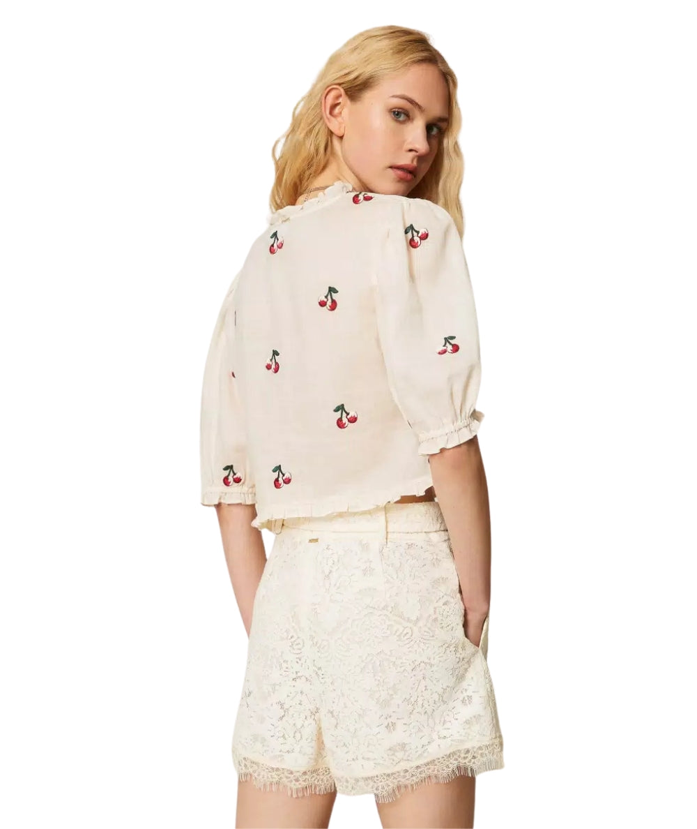 Twinset Shorts in Pizzo con Dettaglio Cintura 261TT2312 Bianco
