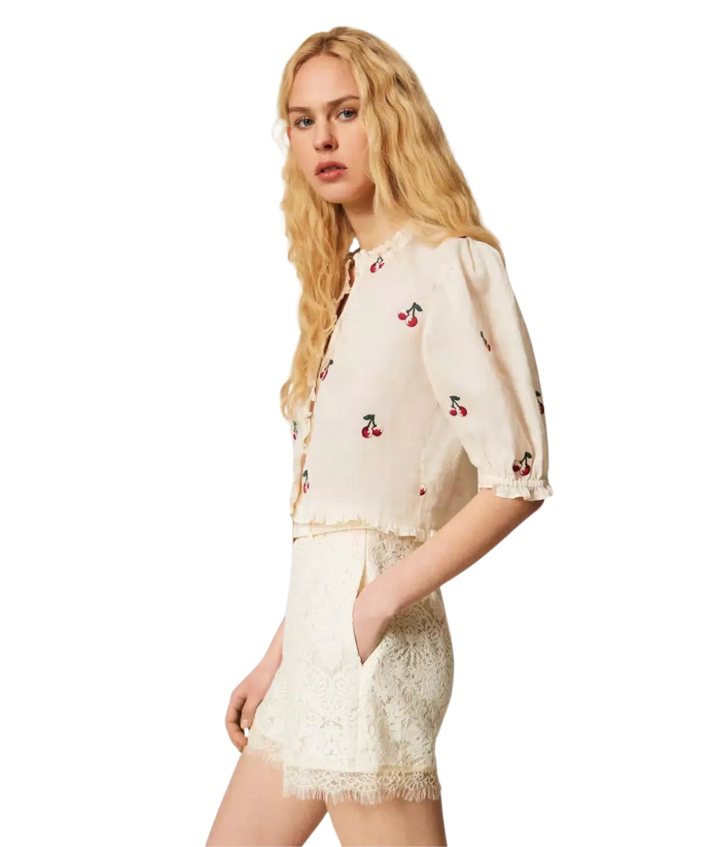 Twinset Shorts in Pizzo con Dettaglio Cintura 261TT2312 Bianco
