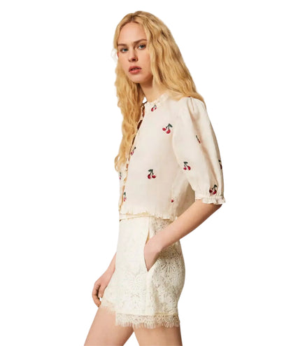 Twinset Shorts in Pizzo con Dettaglio Cintura 261TT2312 Bianco