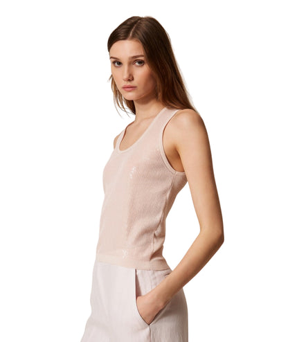 Twinset Top in Maglia con Ricami di Paillettes 261TP3301 Rosa Sabbia