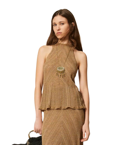 Twinset Top in Maglia Traforata con Lurex 261TT3210 Oro 