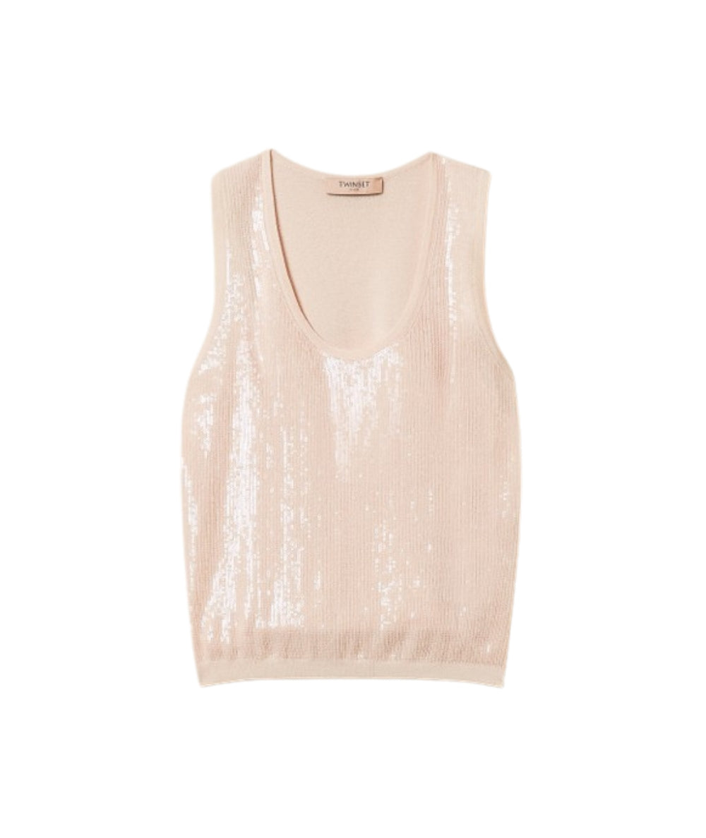 Twinset Top in Maglia con Ricami di Paillettes 261TP3301 Rosa Sabbia