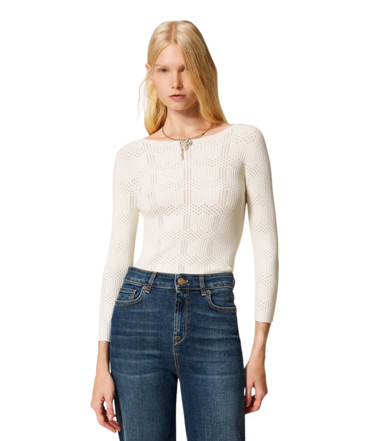 Twinset in Maglia Viscosa Stretch a Quadri Traforata 261TP3401 Bianco