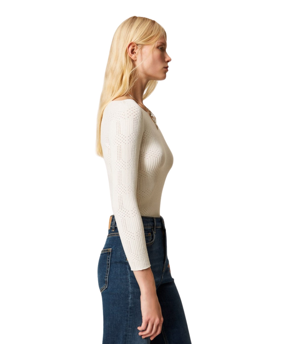 Twinset in Maglia Viscosa Stretch a Quadri Traforata 261TP3401 Bianco