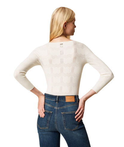 Twinset in Maglia Viscosa Stretch a Quadri Traforata 261TP3401 Bianco