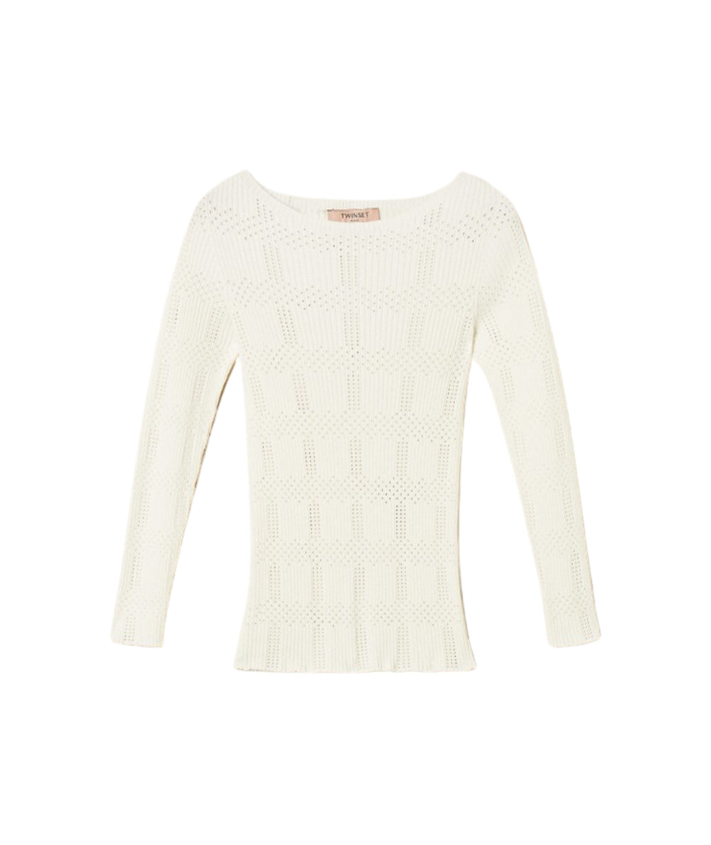Twinset in Maglia Viscosa Stretch a Quadri Traforata 261TP3401 Bianco